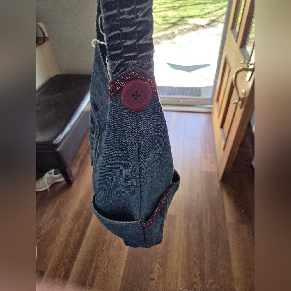 Denim Hobo Bag with Embroidered Trim - Blue - Picture 2 of 14